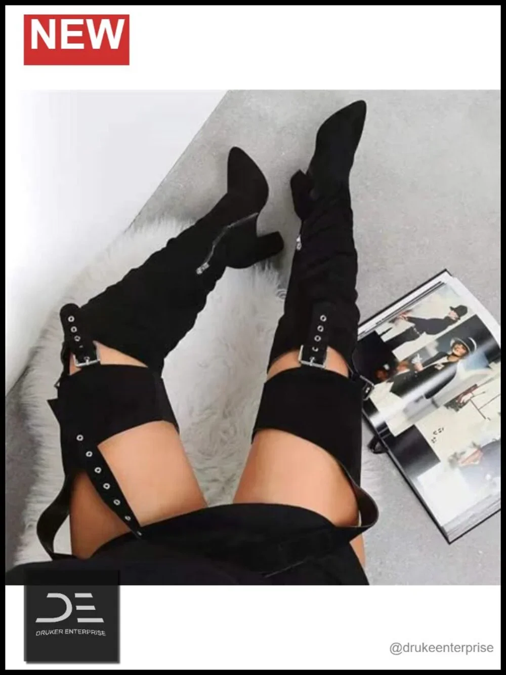 HiColor Women's Belted Pointed Toe High Boots Striking Buckle Strap Fashion